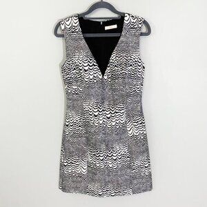 Trina Turk black‎ white shimmer deep v-neck structured fitted mini dress